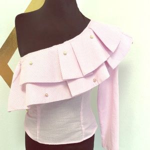 OFF SHOULDER LONG SLEEVE RUFFLE DETAIL STRIPEP